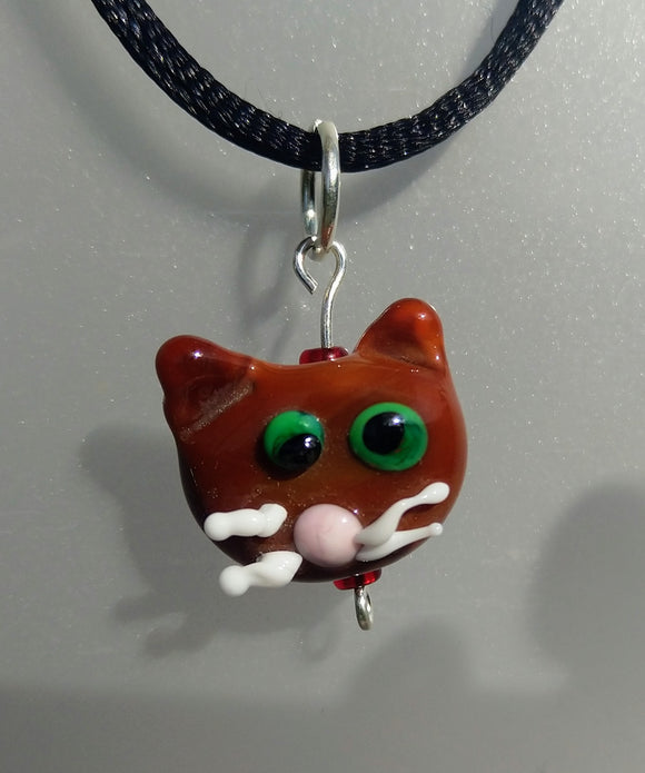 Lampwork Brown Cat Head with Whiskers