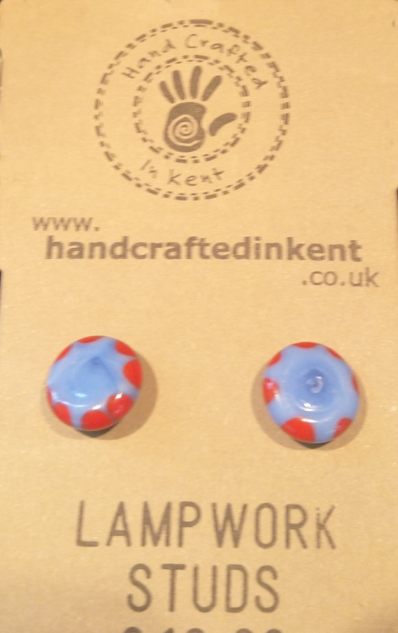 Cloudy Blue and Red Lampwork Studs